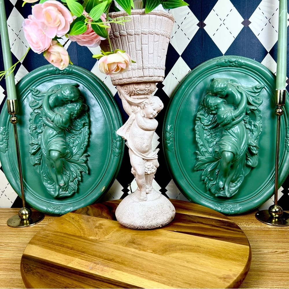 Luxury Pair Large 17” Romantic Relief Plaques –Deep Sage‎ Finish, Neoclassical